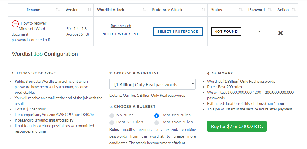 Configure the settings of wordlist attack