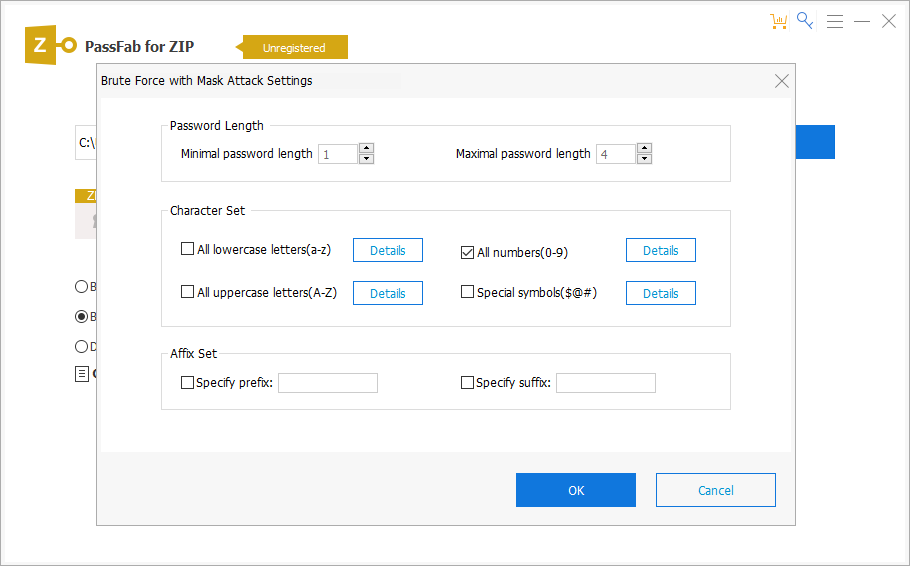 The Brute Force with Mask Attack Settings panel of PassFab for ZIP.