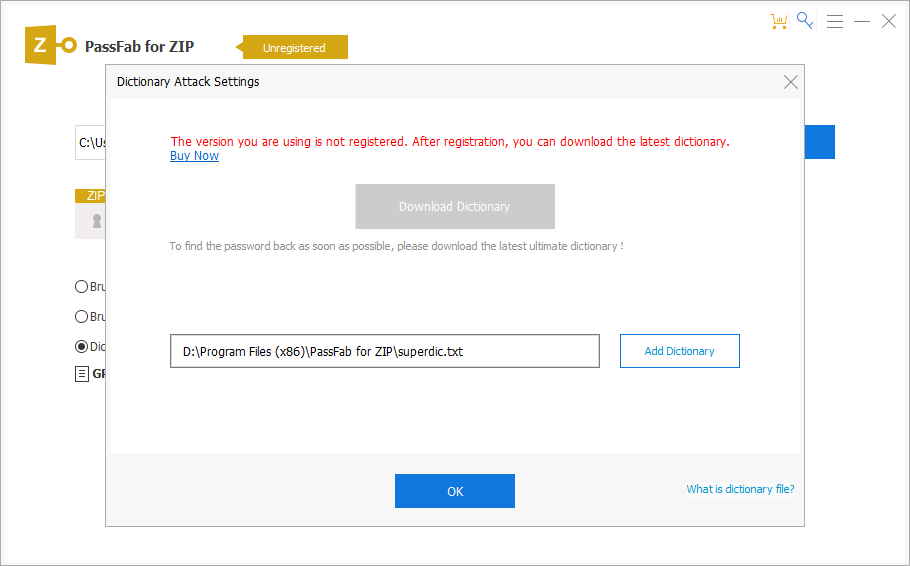  The Dictionary Attack Settings panel of PassFab for ZIP