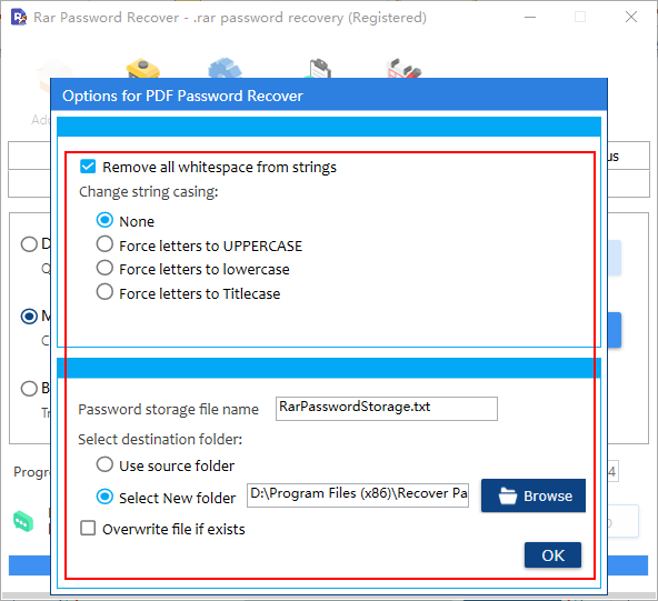 Options panel of Rar Password Recover