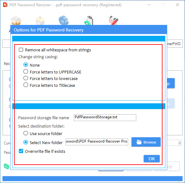 Options panel of PDF Password Recover