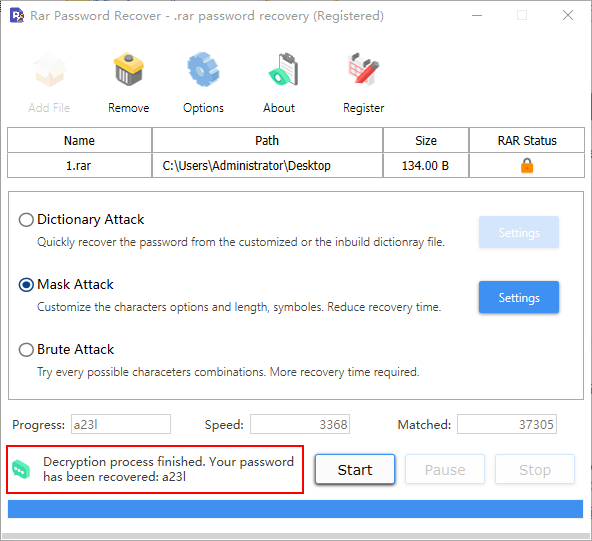 The password is recovered and displayed at the bottom of the main window