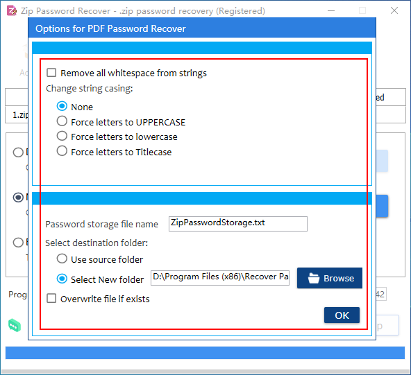 Options panel of Zip Password Recover