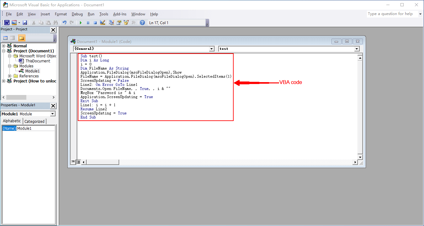 VBA for word password cracking